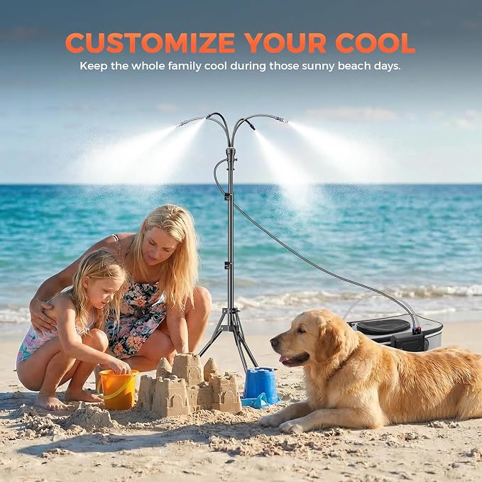 Portable Misting System with 15L Bucket, 10000mAh Battery Powered Standing Mister for Outside Patio, 4.2FT Adjustable Height Wireless Water Cooling Set for Backyard, Pool, Camping & BBQ -Grey