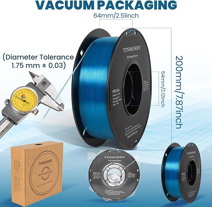 TINMORRY PETG Filament 1.75, Rapid PETG-Eco 3D Printer Filament, Compatible with Most FDM 3D Printers, 1 KG 1 Spool, Transparent Blue