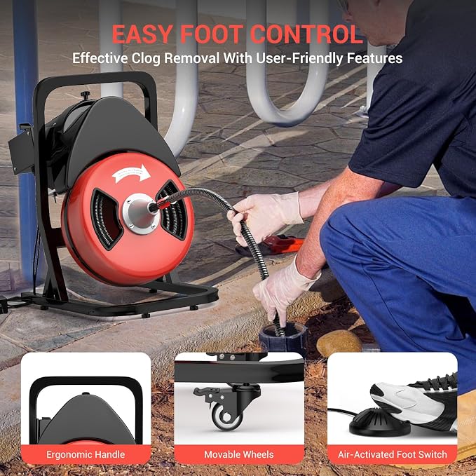 GarveeLife Drain Cleaner Machine,Drain Auger 50ft x 1/2 Inch Drain Cleaning Machine with 450W Motor & 4 Cutters for 2" to 4" Pipes, Includes Air-Activated Foot Switch