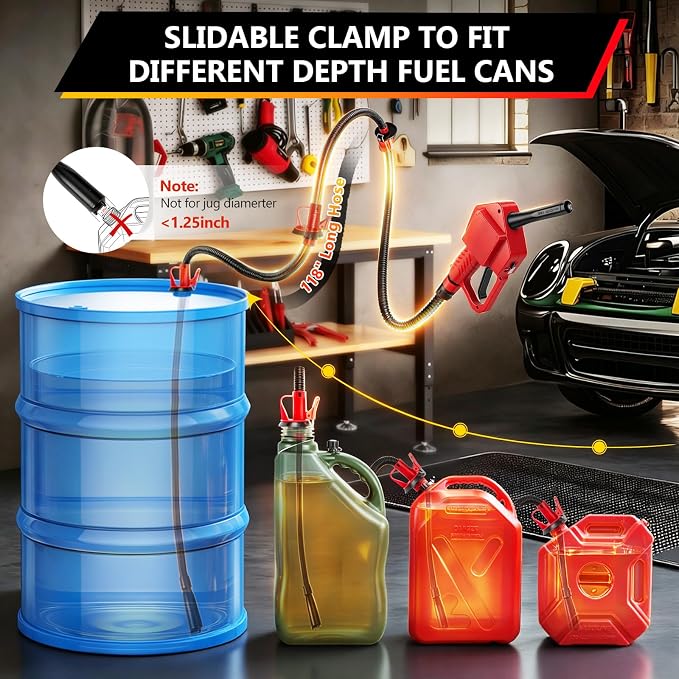 5GPM Fuel Transfer Pump with Auto-Stop & Hand Nozzle, 118'' pumping lift, fit different jug size and depth barrels,no adapters needed,portable gas pump,barrel pump for Gasoline, Diesel, Kerosene