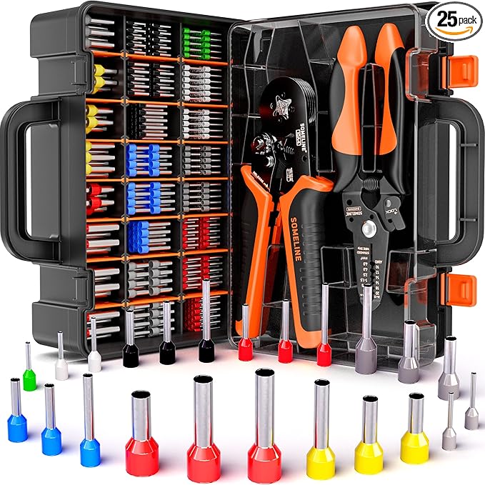 SOMELINE Ferrule Crimping Tool, Ratchet Pliers for AWG24-8 with 23 Sizes Wire End Ferrule Terminals, Quadrilateral Wire Crimp Pliers with Crimp Connectors,Crimp Pliers and Stripper Kit Crimp Connector