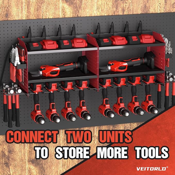 Power Tool Organizer with Charging Station, Heavy Duty Modular Wall Mount Rack for Garage & Shed Organization, 4 Drill Holders, Fathers Day Anniversary Birthday Gifts for Men Dad Him Husband(Red)