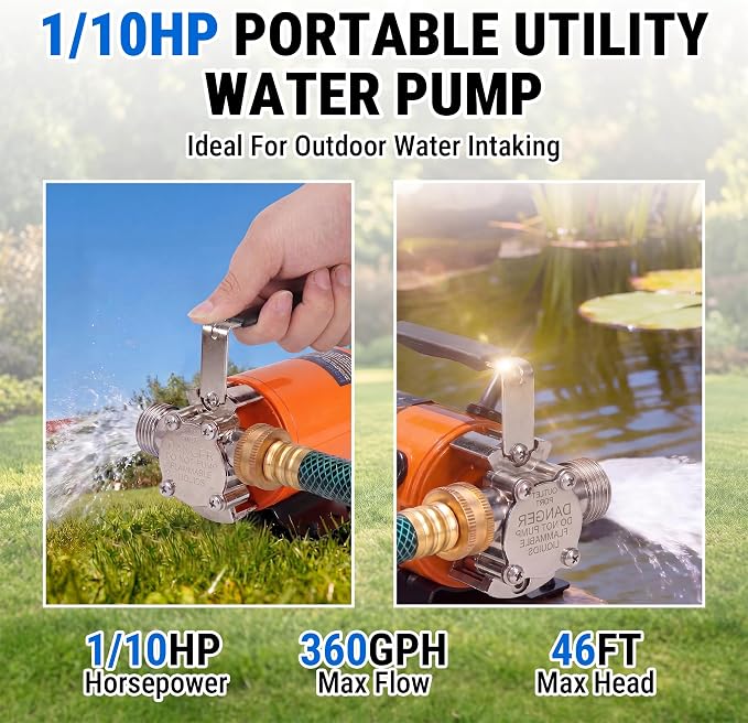 HoldwellS Water Transfer Pump 12V DC, 360 GPH, 1/10HP, 46FT High-Lift | Battery Powered Utility Pump, Portable Electric Water Pump with Switch and 6 ft Suction Hose Kit, For Water Removal