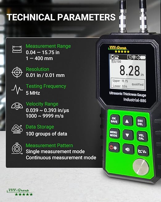 Ultrasonic Thickness Tester Industrial-886 / Digital Metals Thickness Gauge with Range 0.04-15.75in(1-400mm) / Industrial Measuring Instrument