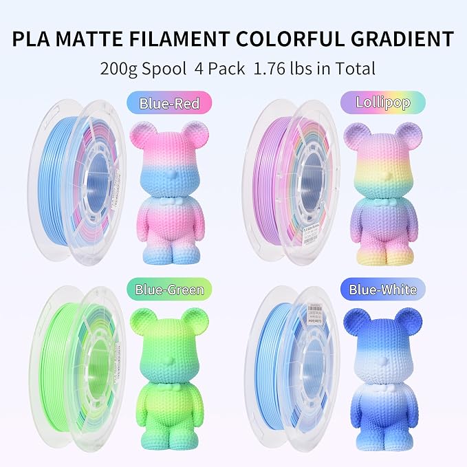 RAMBERY Matte Rainbow PLA Filament Multicolour 3D Printer Filament Bundle Fast Color Change Matte Muticolor Filament, 1.75mm +/- 0.02mm 200gX 4 Spools (1.76 lbs)