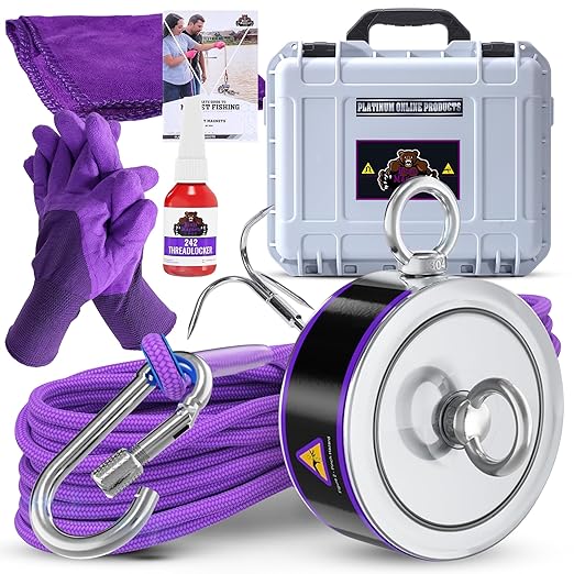 2600LB’s Complete Magnet Fishing Kit | Double Sided Fishing Magnet Kit with Case | Includes Strong Neodymium N52 Magnets, Durable 65ft Rope, Carabiner, Gloves, Grappling Hook & Carry Case