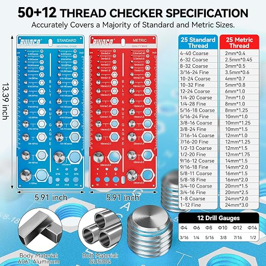 62 Nut and Bolt Thread Checker Standard and Metric, Bolt Size and Thread Gauge with 25 SAE & 25 Metric & 12 Drill Bit Gauge,Bolt and Nut Identifier Gauge for Nut Bolt Size Finder in Narrow Tricky Area