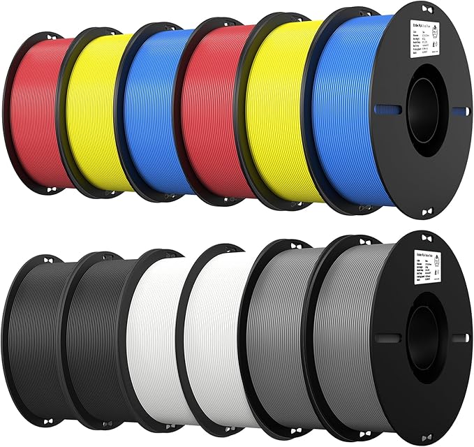 Creality 12 Pack PLA 1.75mm Filament Bundle for 3D Printing with No-Tangling Strong Bonding and Overhang Performance, Accuracy +/- 0.02mm (Black,White,Grey,Blue,Red,Yellow)