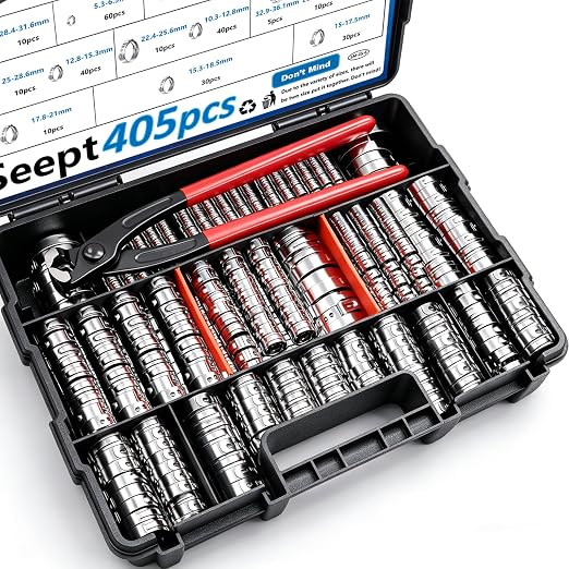 405Pcs 15-Sizes 304 Stainless Steel Single Ear Hose Clamps with Ear clamp plier 5.3-36.1mm Crimp Hose Clamps Assortment Kit for Auto/Home Appliance/Pipe/Fuel Line