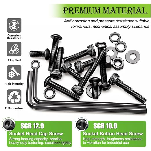 mxuteuk Metric Screw Assortment Kit,M2 M3 M4 M5 Metric Bolts and Nuts Kit,Hex Socket Button & Cap Head Machine Screws,12.9 & 10.9 Grade Alloy Steel Bolts with 5 Hex Wrench（2285PCS)