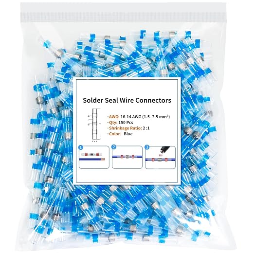150PCS Solder Seal Wire Connectors, Heat Shrink Wire Connectors Kit, Waterproof Heat Shrink Butt Connectors for Marine Automotive Boat Truck RV Wiring, AWG 22-18, 1 Sizes, Blue