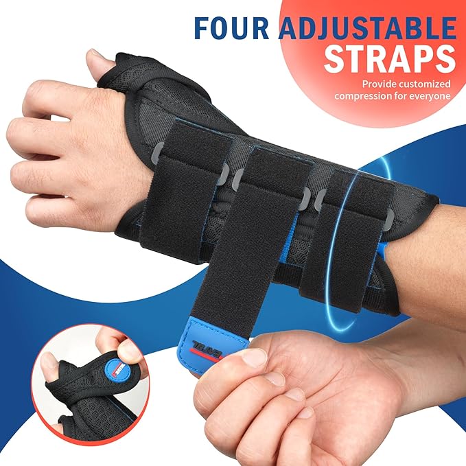 FEATOL Carpal Tunnel Wrist Brace Night Support, Thumb Spica Splint Right Hand for De Quervains Tenosynovitis, Tendonitis, Thumb Brace for Women Men, Black Blue, Medium/Large