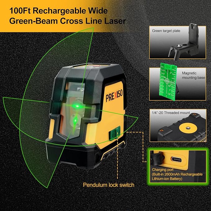 PREXISO 100Ft Rechargeable Dual Modules Laser Level & 65Ft Laser Level Self-Leveling with Rotatable Mount Clamp