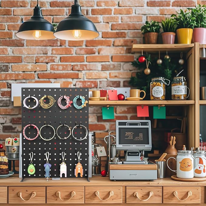 Peg Board Display Stand for Vendors, 2Pcs Black Pegboard Display Stand with 24 Hooks, Free Standing Pegboard Display, Tabletop Hanging Display Stand for Craft Shows, Keychain, Jewelry(16*12 inch)