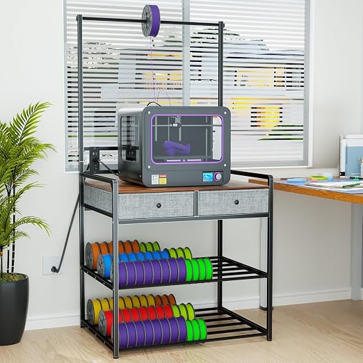 DALEMHOME 3D Printer Stand with Storage, 3D Printer Table with Power Outlet & Filament Rack, Heavy Duty Metal Workstation with Drawers for 3D Printing, Rustic Brown, 31.5" L x 23.6" W x 63" H