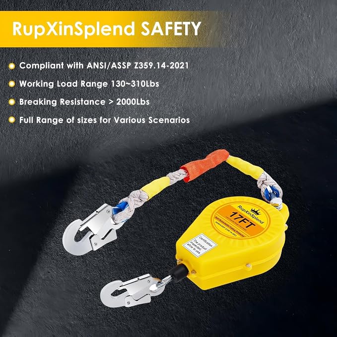 Fall Arrester Protector Self Retractable 17FT Fall Protection Gear Double Locking, Dual PPE+Alloy Steel housing Heavy Duty Lifeline Safety Lanyard Rope Cable Wire Roofing Construction