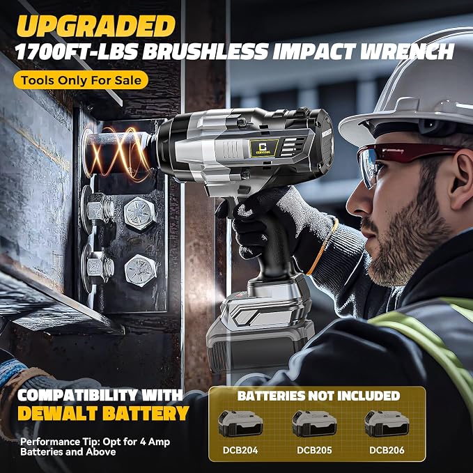 Cerycose Cordless Impact Wrench 1/2 inch Compatible with DeWalt 20V Battery: 1700FT-LBS High Torque Impact Wrench with 6 Sockets & Case - Brushless Electric Impact Gun LED Work Light, Bare Tool