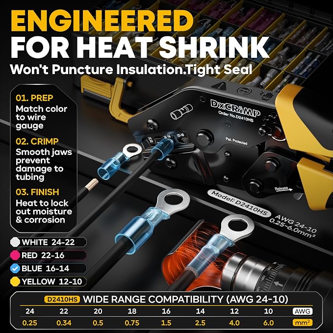 Crimping Tool Kit with Heat Shrink Connectors - 40 Types Heat Shrink & Solder Connector (24-10 AWG) - Waterproof Ring, Fork, Hook, Spade & Bullet Terminals & Wire Stripper for Auto Boat Wiring