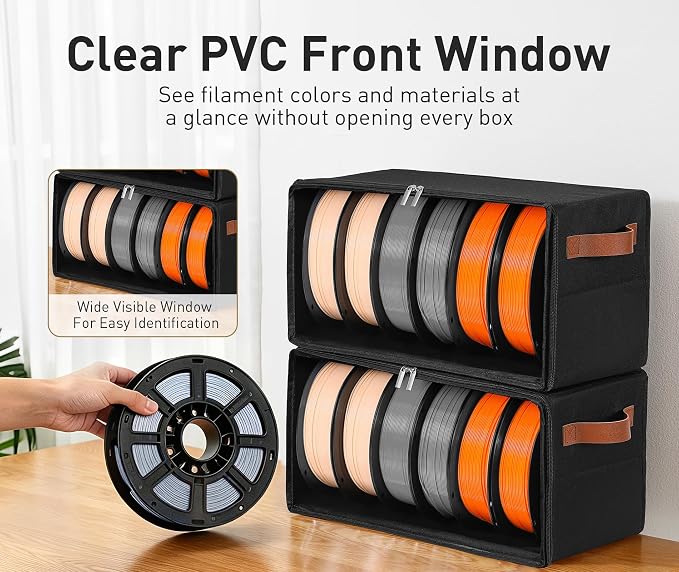 Filament Storage Box 4-Pack, Stackable 3D Printer Filament Storage Container with Reinforced Metal Frame, Visible Window and 10 Desiccant Packs, Holds up to 24 Rolls for Workshop & Studio