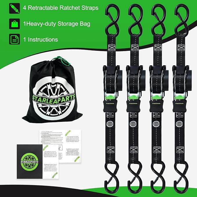 Retractable Ratchet Straps(4PK) - 1,500lb Break Strength with 2,100lbs Break Strength Tie Down Straps