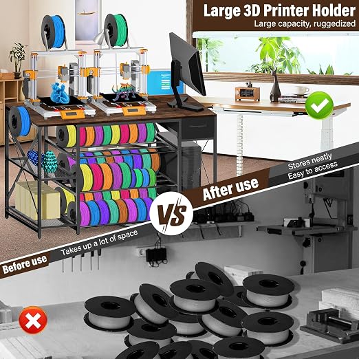 3D Printer Stand with Charging Station, Large 4-Tier 3D Printer Table with Filament Storage and Storage Drawer,Filament Rack,Heavy Duty 3D Printer Desk for Workshop,Office and Garage,Brown