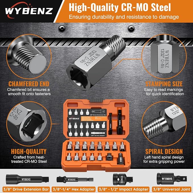 29Pcs Screw Extractor Set, 3/8" Inch Drive Easy Out Bolt Extractor Set, Multi-Spline Stripped Screw Extractor Kit, Bolt Remover for Broken Bolts, Nuts & Screws, with Extension & Adapter Accessories