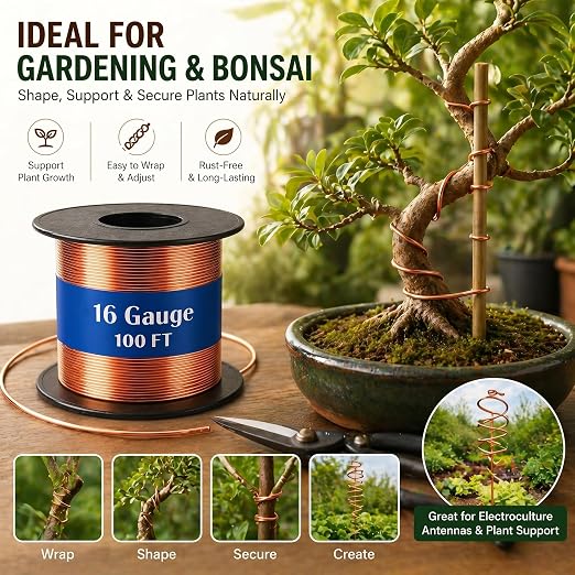 Therwen 100ft 16 Gauge Copper Wire for Gardening, Electroculture, Bonsai, Jewelry Making Beading DIY Craft Pure Bare Copper Wire Spool