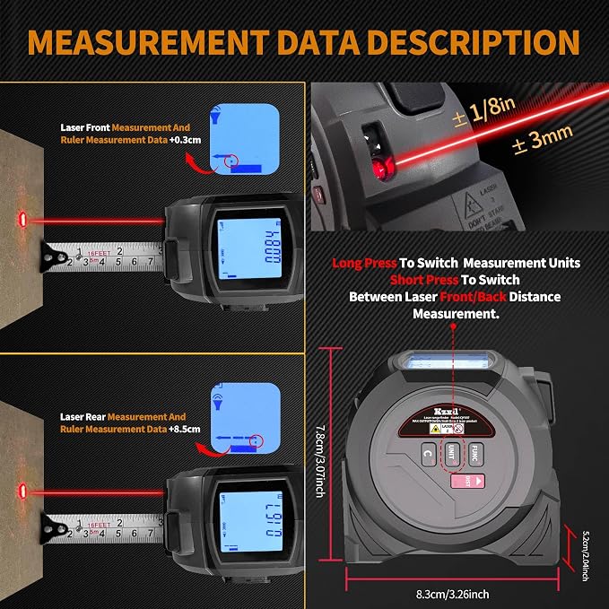 Laser Tape Measure 3 in 1 Laser Rangefinder Tape Measure