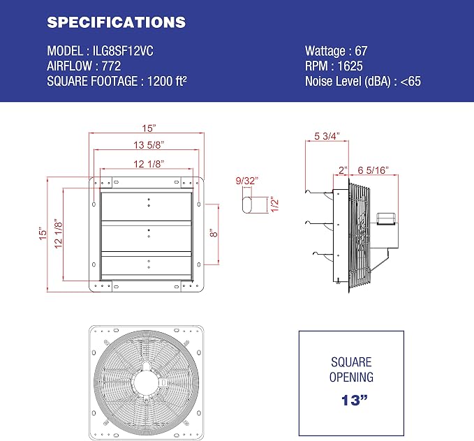 iLiving 12" Shutter Exhaust Fan with Wireless Smart Remote Controlled Thermostat and Humidity, Variable Speed Wall Mounted Attic Vent Fan, Chicken Coop Ventilation, 960 CFM, 1400 SQF Coverage Area