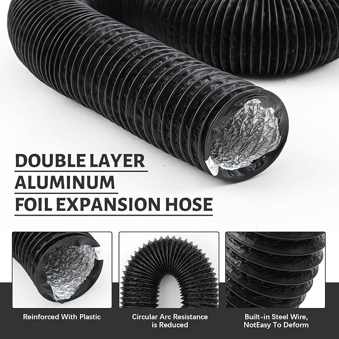Zonon Dryer Vent Hose 5 Inch X 32 Feet Flexible Aluminum Foil Ducting Non Insulated with Stainless Steel Clamps and Aluminum Tape for Pipe, HVAC Heating Cooling Ventilation and Exhaust(Black)