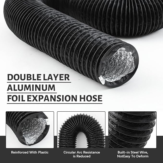 Zonon Dryer Vent Hose 3 Inch x 16 Feet Flexible Aluminum Foil Ducting Non Insulated with Stainless Steel Clamps and Aluminum Tape for Pipe, HVAC Heating Cooling Ventilation and Exhaust(Black)