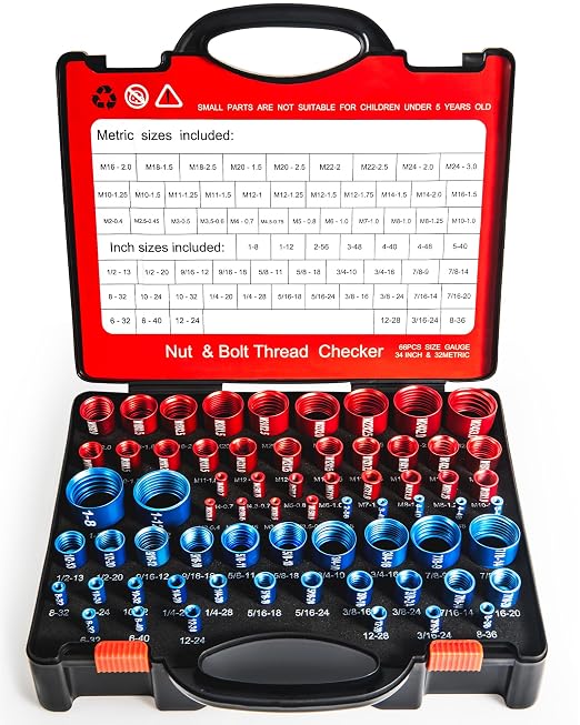 66-Piece Nut and Bolt Thread Checker Kit | 34 SAE (Blue) + 32 Metric (Red) Thread Gauges - Precision Bolt Size Finder for Tight Spaces, DIY & Professional Repairs