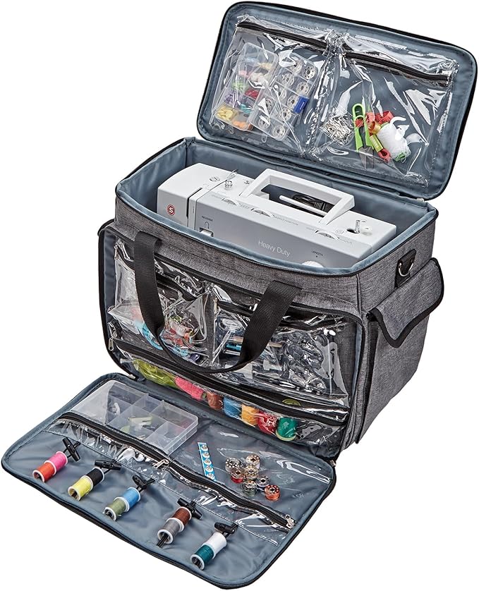 HOMEST Sewing Machine Rolling Case with Wheels and Storage Pockets | Fits Singer and Brother machines, rolling wheels and storage pockets help carry sewing accessories, Grey