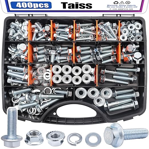 Taiss 400PCS Metric Flange Bolt Assortment kit,10.9 Grade M6x1.0/M8x1.25/M10x1.5 Bolt(12mm to 45mm) White zinc Plating Hex Metric Bolts and Nuts Washers,Nuts and Bolts Assortment kit (White)