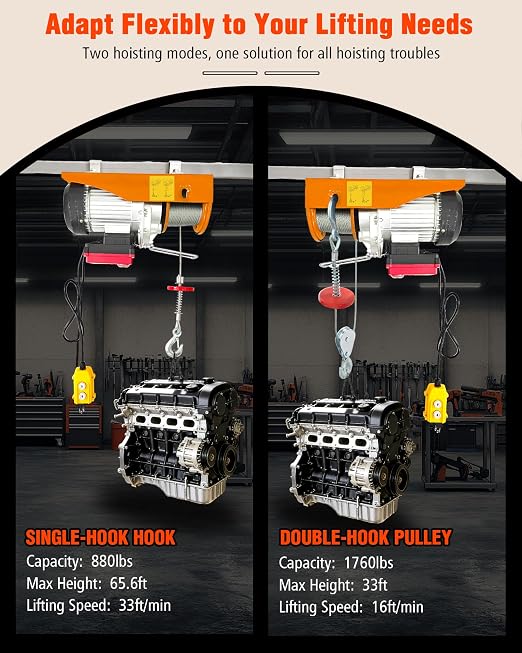 Electric Hoist with Remote Control, 1760 lbs Heavy Duty Electric Winch | Wireless/Wired 2 in 1 Electric Hoist Winch 110V/120V, 33ft/66ft Lifting Height for Garage,Warehouse,Factory,Construction Site