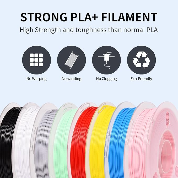 RAMBERY 500gx8 PLA+ Filament Bundle 1.75mm, 8 Colors PLA Plus 3D Printing Filaments Dimensional Accuracy +/- 0.02mm, 8 Pack 500g Spools, Black/White/Red/Yellow/Gray/Blue/Pink/Mint Green