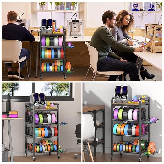 3D Printer Filament Storage Rack- 4 Tiers Filament Spool Holder, Heavy Duty 3D Printing Stand Filament Organizer with 360° Wheels, Metal Filament Stand Shelf for PLA/ABS/TPU/Nylon (Black)