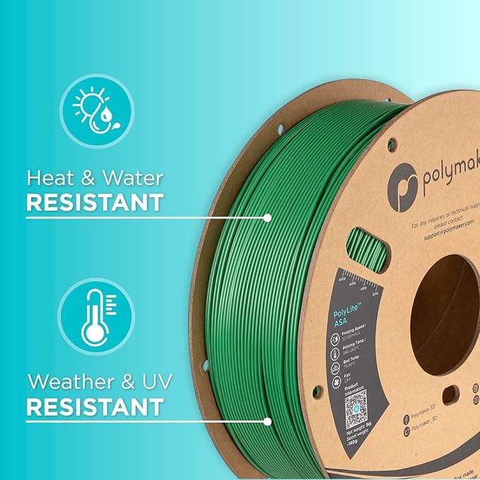 Polymaker ASA Filament 1.75mm Green, 1kg ASA 3D Printing Filament, Heat & Weather Resistant - ASA 3D Printer Filament Perfect for Printing Outdoor Functional Parts