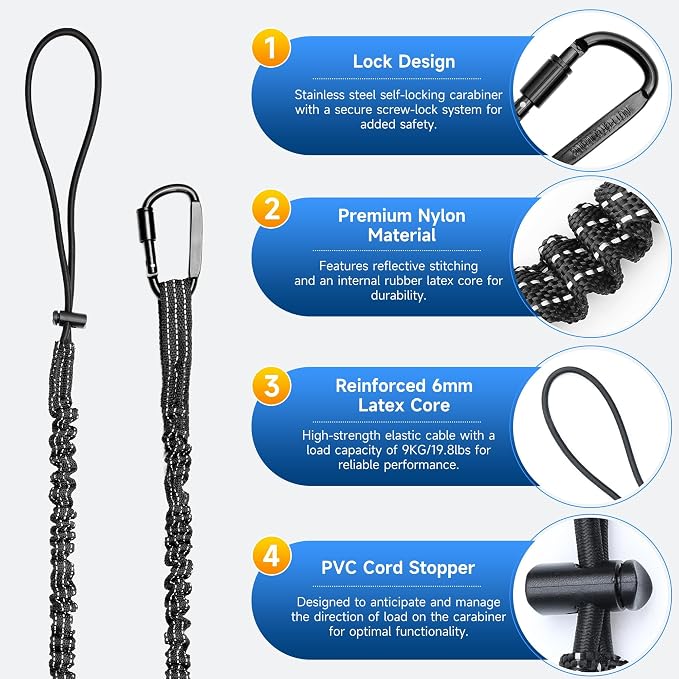 Safety Tether Tool Lanyard for Fall Protection - 2 Pack Stretch Strap Safety Tools Leash with Aluminum Screw Lock Buckle Shock Cord Stopper & Retractable Loop