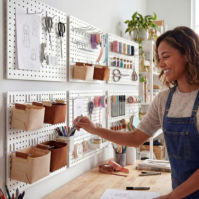 Spampur 6 Pack Peg Board Organizer, Includes Metal PegBoard and Accessories | White Pegboard Panels with 50 Pcs Hooks and Baskets, Wall Organization for Office, Craft Room, Ornaments Display, Sewing Room