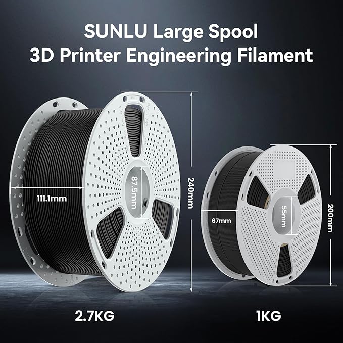 SUNLU PC-ABS Hybrid 3D Filament 1.75mm, 2.7kg, Black | High-Strength, Industrial-Grade Material, Paintable & Plate-Ready Finish, Big Roll Filament, Spool(5.95 lbs)