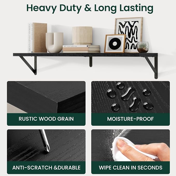 Floating Shelves 8 Inch Deep, 16W x 8D Wall Shelf Set of 2, 35 lbs Heavy Duty Reversible Metal Brackets, Industrial Book Shelf for Living Room Kitchen Bathroom Bedroom Gallery Wall, Black