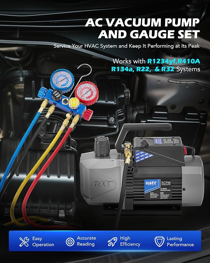 Orion Motor Tech A2L AC Vacuum Pump and Gauge Set, 5 cfm 2 Stage Sparkless Ignition Proof Vacuum Pump for R1234yf R32 R134a R410A System, with 4 Way AC Gauges Quick Couplers Thermometer Can Taps Hoses
