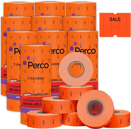 Perco 2 Line Fluorescent Red Sale Labels - 60,000 Blank Price and Date Gun Labels for Perco 2 Line Price and Date Guns - 80 Rolls, 10 Sleeves - Made in USA
