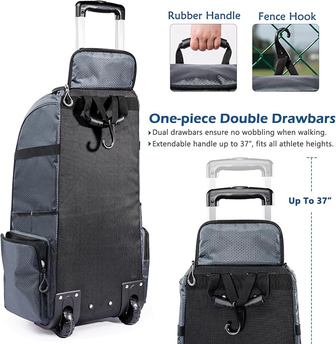 Large Rolling Baseball Catchers Gear Bag with Wheels, Softball Bag with Hard Backing for 4 Bats,Equipment Bag with Separate Shoe & Helmet Compartments, Youth Baseball Bag with 360° Spinner Wheels
