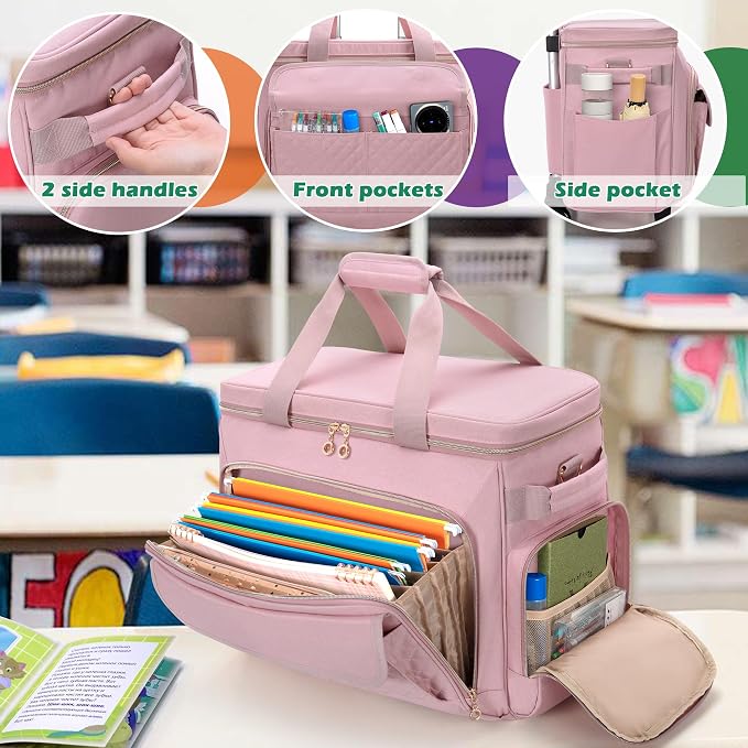 LUXJA Rolling Teacher Bag with Laptop Compartment and Detachable Dolly, Multifunctional Rolling Briefcase with Accordion File Area (Patented), Pink