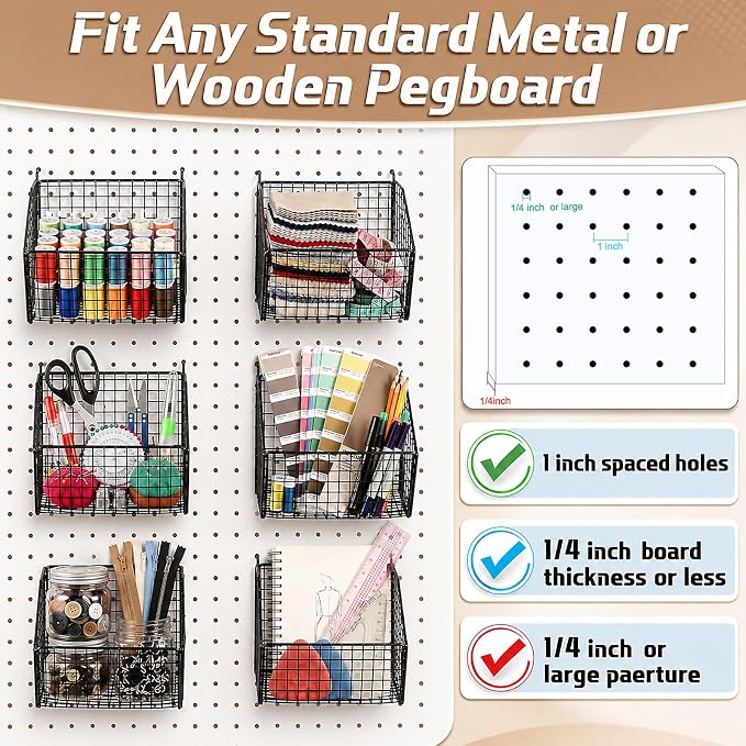 Reallnaive 6 Pack Black Pegboard Baskets Metal Wire Shelf Baskets 7.1 x 7.1 x 5.5 in Peg Board Organizer Accessories Wall Mount Organizer Bins for Tool Storage Craft Garage Workbench Room