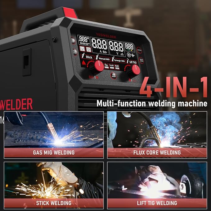 YESWELDER 165A MIG Welder & Lift TIG Torch, 110V/220V Dual Voltage, 4 in 1 Gas MIG/Flux Core MIG/Lift TIG/Stick Multiprocess Large LED Digital Display MIG Welding Machine with 35-50 Lift TIG Gun