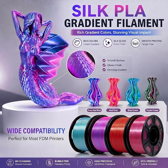YOUSU Silk Dual Color PLA Filament 3D Filament Coextrusion PLA Multicolor PLA Filament 1.75mm (± 0.02 mm) Compatible with Most of 3D Printer, 250g*4 Color Pack