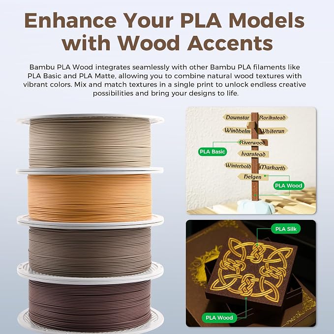 Bamboo 1.75MM PLA Wood Filament Like Real Wood High Speed &Easy Printing Eco Friendly with RFID for Bambu Lab A1,A1MINI,X1,P1 AMS 1KG +/- 0.03mm Classic Birch 13505